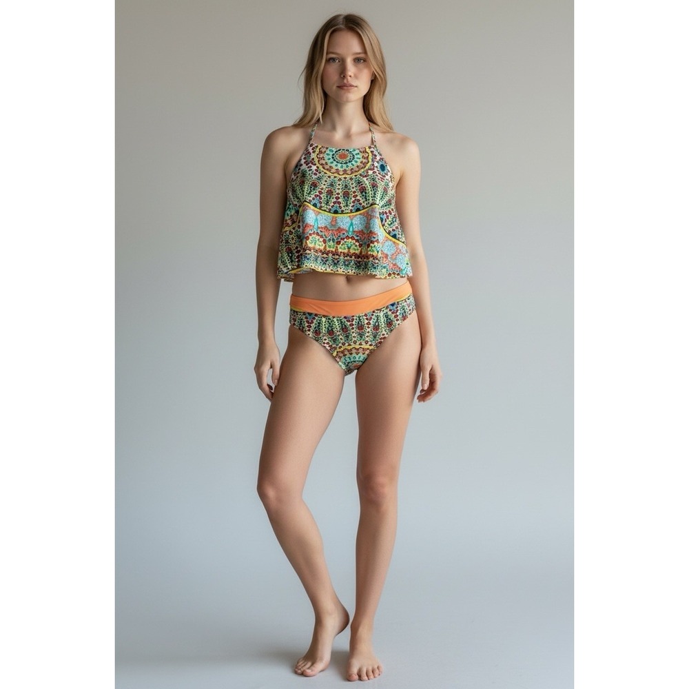 a.n.a Colorful Ruffle Bandeau 2 Piece Bikini Set Women’s Size 10 Multicolor